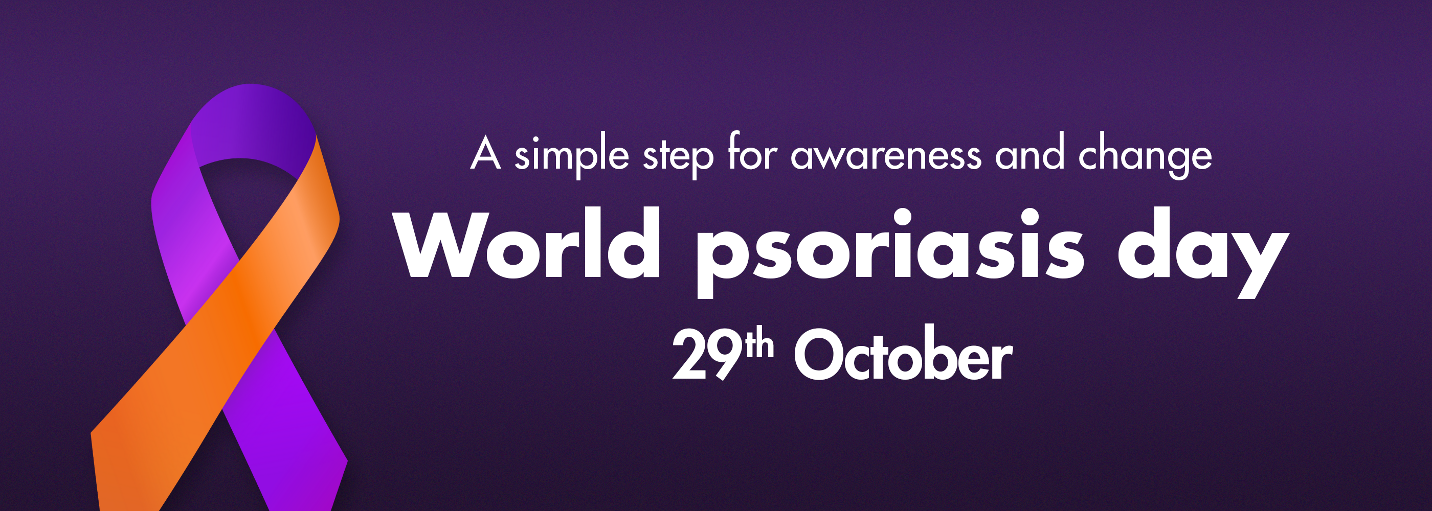 World Psoriasis Day banner with purple and orange ribbons on a dark purple background | Psoriasis products