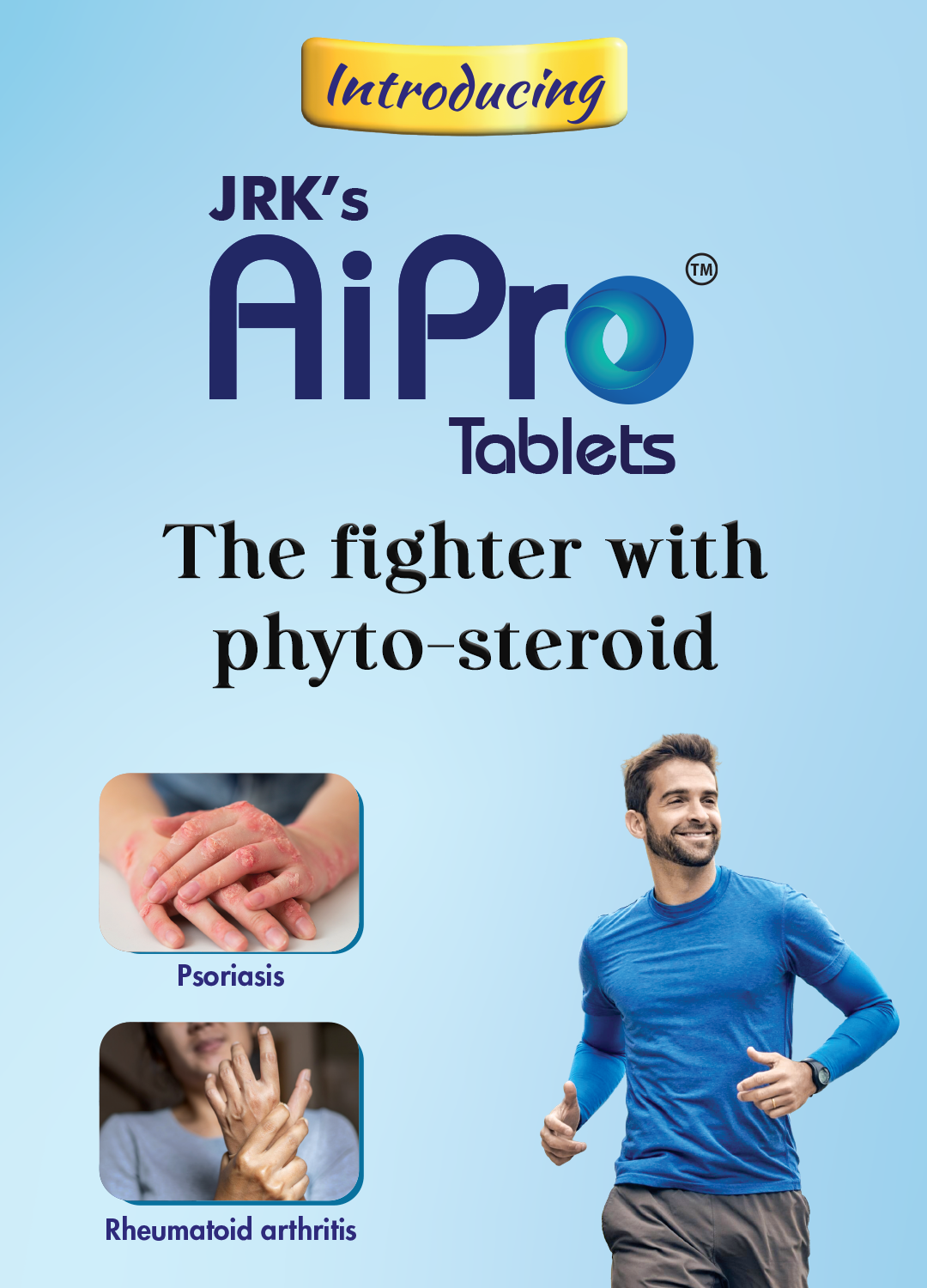 Advertisement for JRK's AiPro Tablets on a light blue background with text and images.
