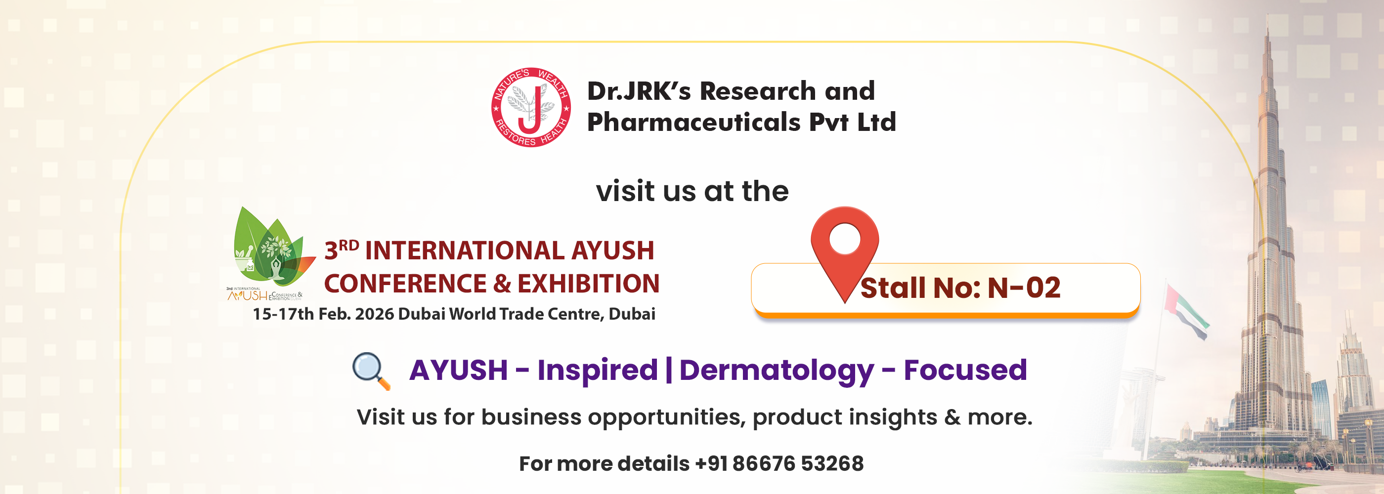 Advertisement for Dr. JK's Research and Pharmaceuticals Pvt Ltd at the 3rd International Ayush Conference & Exhibition.