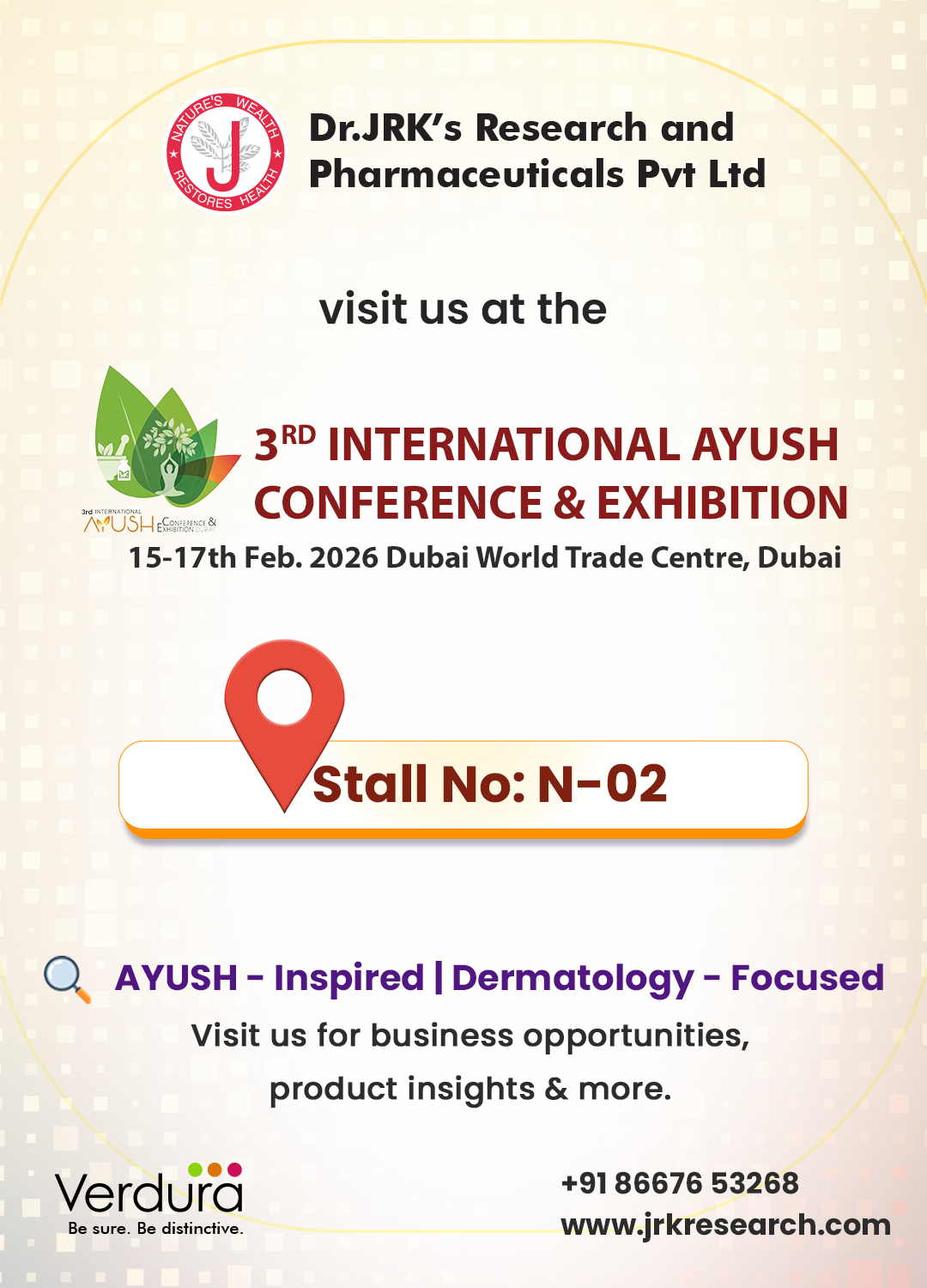 Advertisement for Dr. JK's Research and Pharmaceuticals Pvt Ltd at the 3rd International Ayush Conference & Exhibition.