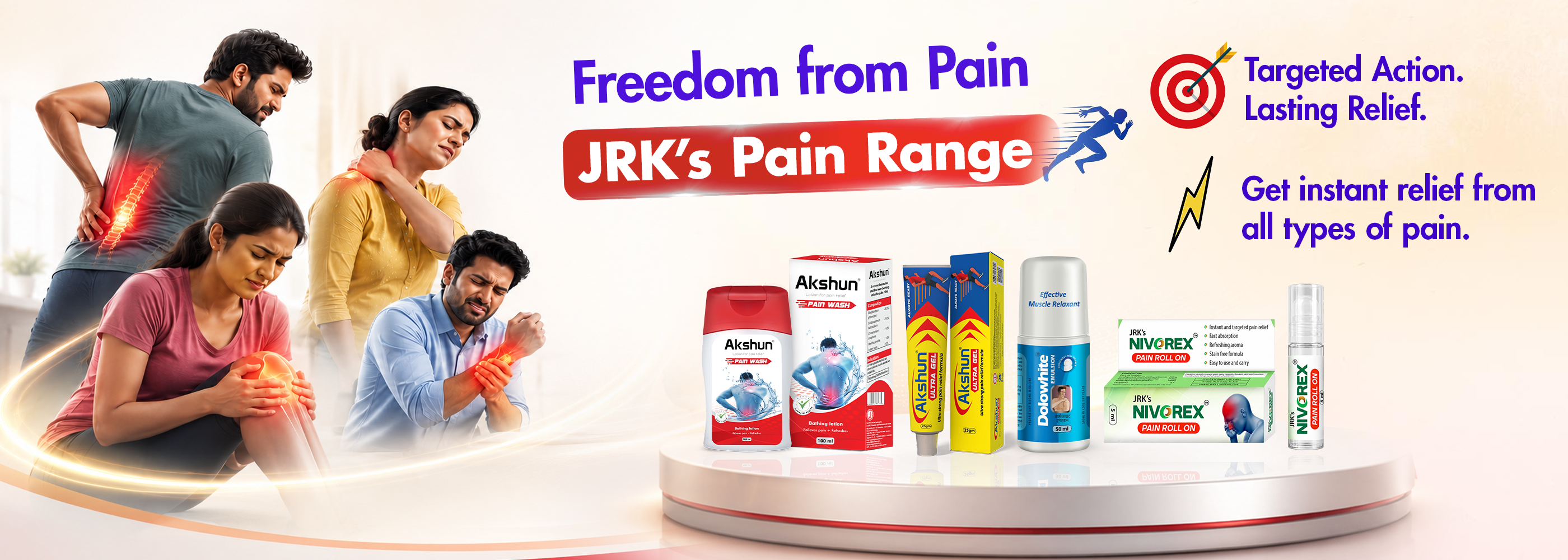 Promotional banner for JRK's Pain Range showing several people holding their throats and backs in pain, alongside product boxes and tubes of Akshun ultra gel, Akshun lotion, Dolo white emulsion and Nivorex pain rollon  on a white pedestal. Text reads 'Freedom from Pain' and 'JRK's Pain Range'.