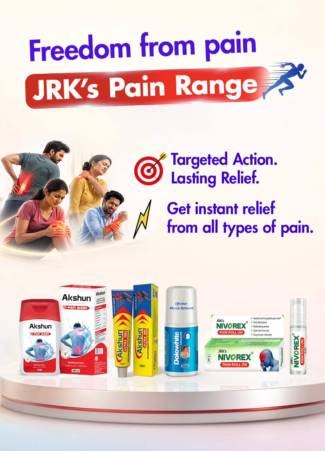 Promotional banner for JRK's Pain Range showing several people holding their throats and backs in pain, alongside product boxes and tubes of Akshun ultra gel, Akshun lotion, Dolo white emulsion and Nivorex pain rollon  on a white pedestal. Text reads 'Freedom from Pain' and 'JRK's Pain Range'.