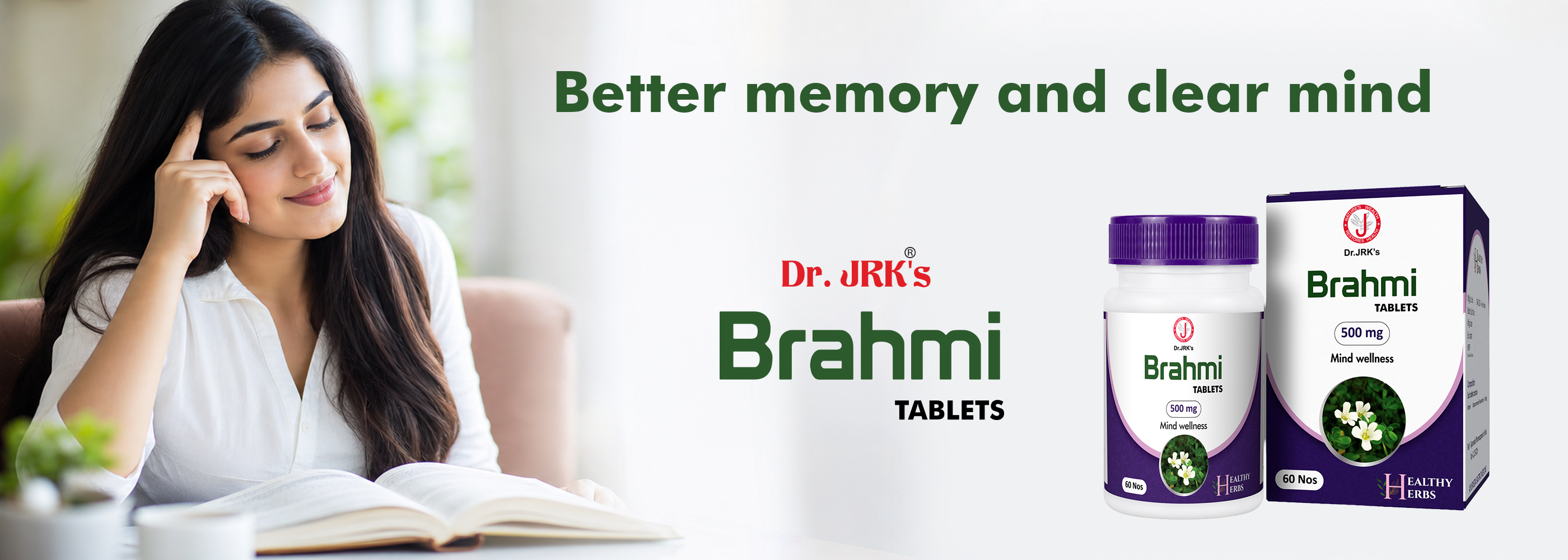 Dr. JRK's Brahmi Tablets 500mg banner - woman reading a book with hand on temple, promoting better memory and clear mind with Brahmi tablet bottle and box, 60 tablets, Healthy Herbs